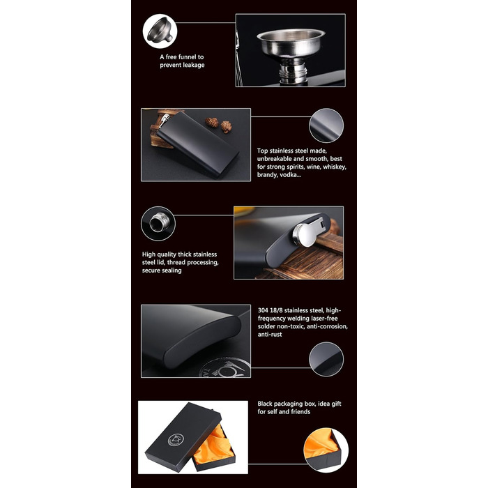Фляга TANEAXON 12 oz (330 мл) з воронкою та коробкою, нержавіюча сталь, чорна, витокозахисна