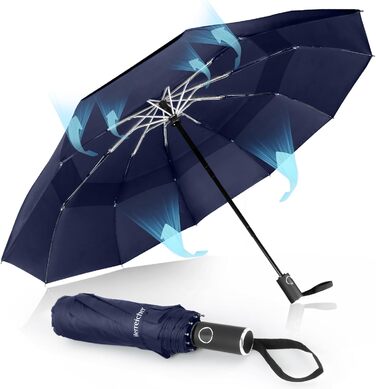 Зонт Herreicher туристичний автоматичний штормостійкий - легкий алюмінієвий каркас, компактний, складаний, двошаровий, тканина 210T, розмах 102 см, 10 спиць, для чоловіків/жінок/дітей/літніх людей (синій)
