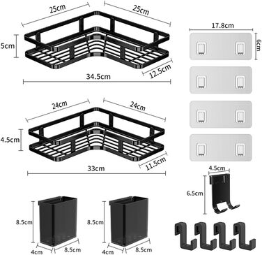 Поличка для душу без свердління, кутова, 2 шт. Органайзер для ванної кімнати з 4 гачками, чорний. Поличка для шампуню в душ, аксесуари для душу