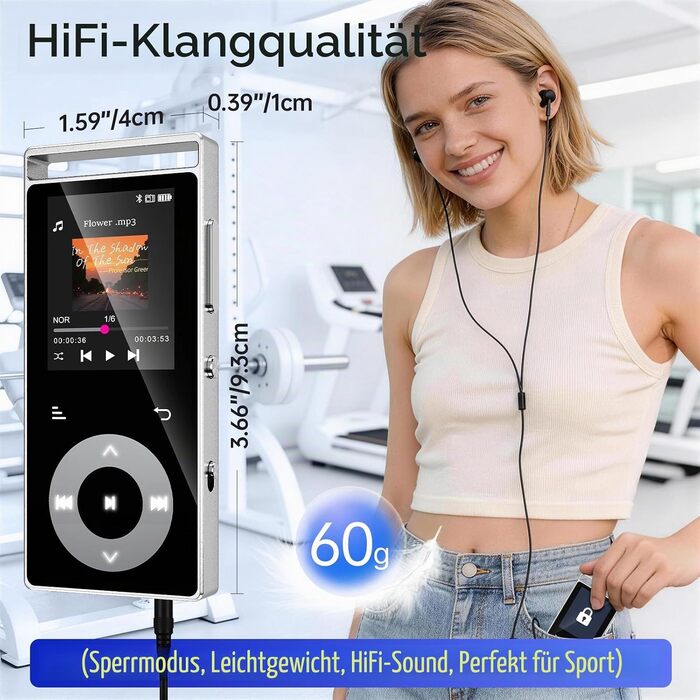 MP3 плеєр 90GB з Bluetooth 5.3 та HiFi звуком, сенсорним керуванням, кольоровим дисплеєм та FM-радіо, металевий корпус, підтримка карт пам'яті до 128GB, чорний/сріблястий
