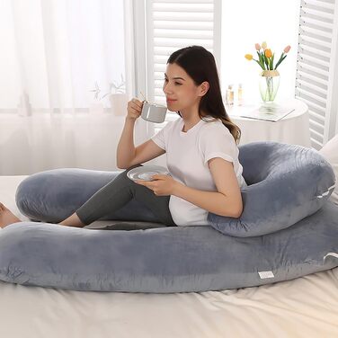 Подушка для вагітних Caliyo 2 шт. U-подібної форми, для сну на боці, з чохлом, велика подушка для годування, подушка для вагітних та комфортна подушка для дорослих (сірий, кристалевий велюр)