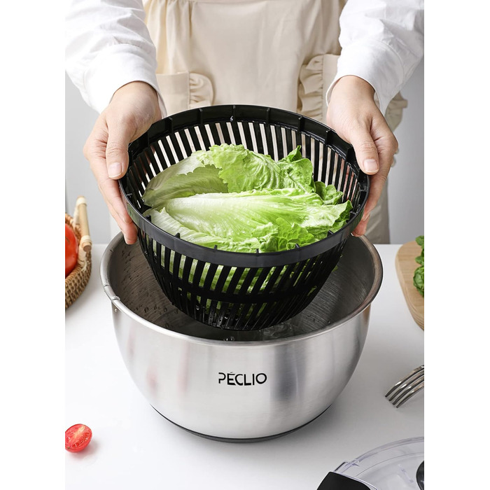 Large 4.5L Salad Spinner Stainless Steel 18/10 High-Quality with Transparent Lid, Non-Slip Bottom - Salad Spinner with Crank Mechanism - BPA-Free & Dishwasher Safe, Black