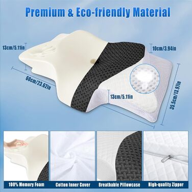 Подушка для шиї SAHEYER з Memory Foam, ортопедична, ергономічна, для тих, хто спить на боці, 60 x 35.5 x 10/13 см (Сіра)