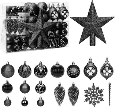 100 шт. прикраси на ялинку, чорні кулі для ялинки, набір прикрас з верхівкою для ялинки, шматостійкі прикраси для ялинки