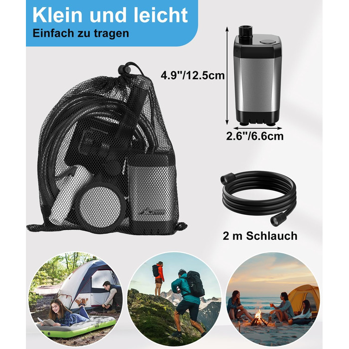 Портативна душова кабіна WADEO для кемпінгу з акумулятором та насосом, 6000-8000mAh, мобільний душ для відпочинку, подорожей, автомийки, сірого кольору, з індикатором температури та заряду акумулятора