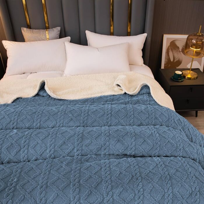 Плед Sherpa-Fleece з начосом, двосторонній, м'який, в'язаний фланелевий плед для дивану, ліжка, 150 x 200 см, сіро-блакитний