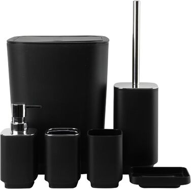 Сучасний набір для ванної кімнати на 6 предметів (білий) з дозатором мила, тримачем для зубних щіток, мильницею, WC-щіткою, відром та стаканом (чорний метал)