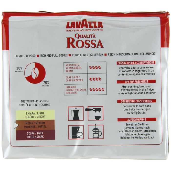 Мелена кава Lavazza Qualità Rossa Classico, для гейзерної кав'ярки та фільтр-кави, інтенсивність 7/10, темне обсмажування, 10 упаковок по 250 г