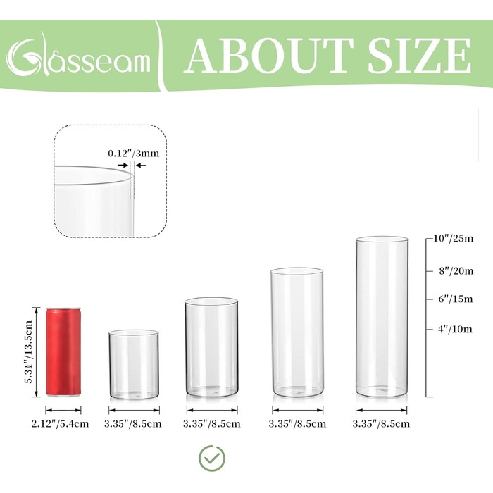 Скляна циліндрична ваза Glasseam, прозора, 10x8,5 см, сучасна міні-ваза для квітів і декору столу, підсвічник, для вітальні та весільного оформлення, набір 6 шт. (15 см)