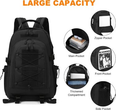 Тактичний рюкзак Molle 35/40 л, водонепроникний, для мотоциклістів, туризму, школи, з USB-портом, чорний