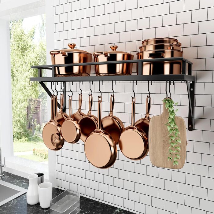 Kitchen Utensil Holder, Pan Holder, Kitchen Shelf, Kitchen with 12 Hooks, Hanging Shelf, Spice, Pan Shelf, Wall Shelf, Kitchen Rail, 75CM Wall Mount, Matte Black, KUR215S75A-BK