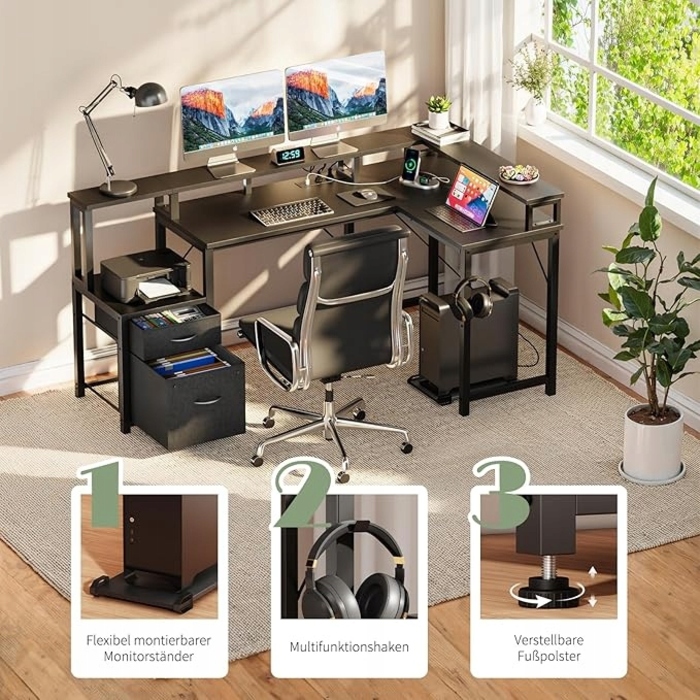 Великий кутовий ігровий стіл у формі L з LED-підсвіткою та полицею, 168x100 см