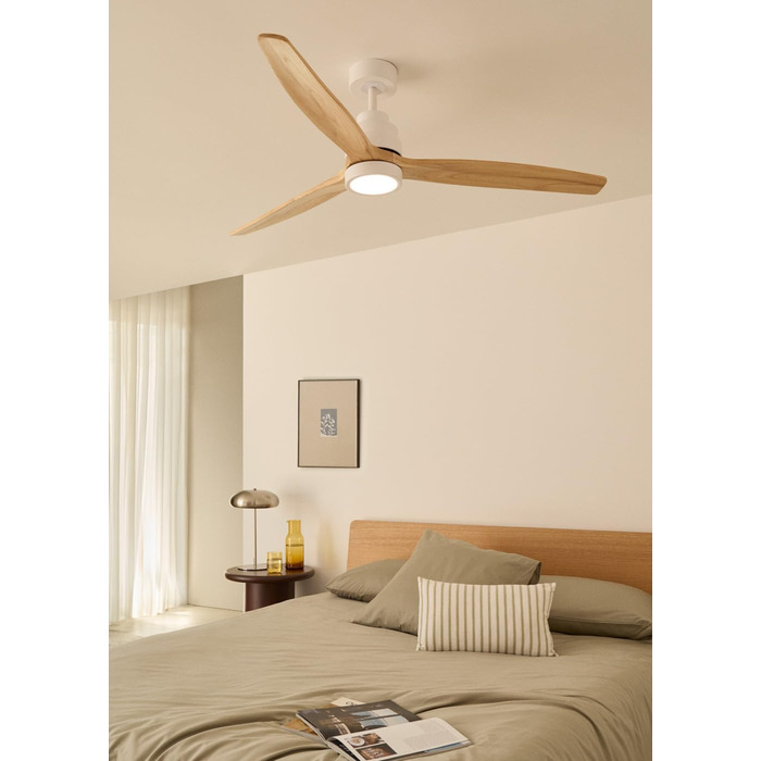 Вентилятор стельовий з підсвічуванням Windstylance Natural Wood L 152 см, білий, дерев'яні лопаті, Wi-Fi, пульт, 6 швидкостей, літо/зима