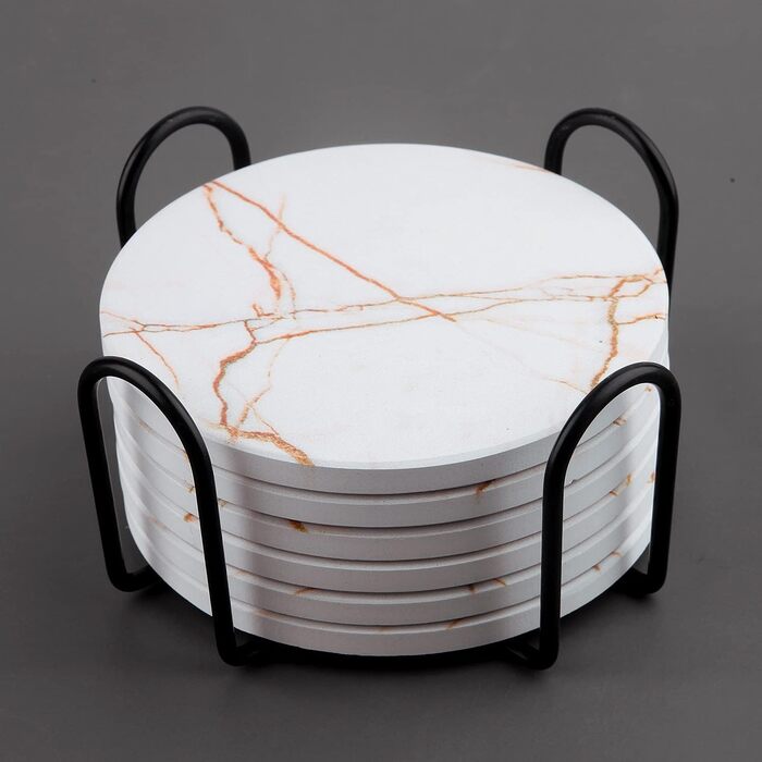 Fun coasters for drinks, marble-style, absorbent ceramic coasters with metal stand, housewarming gifts, decor set of 6, with cork base for wood table (White)