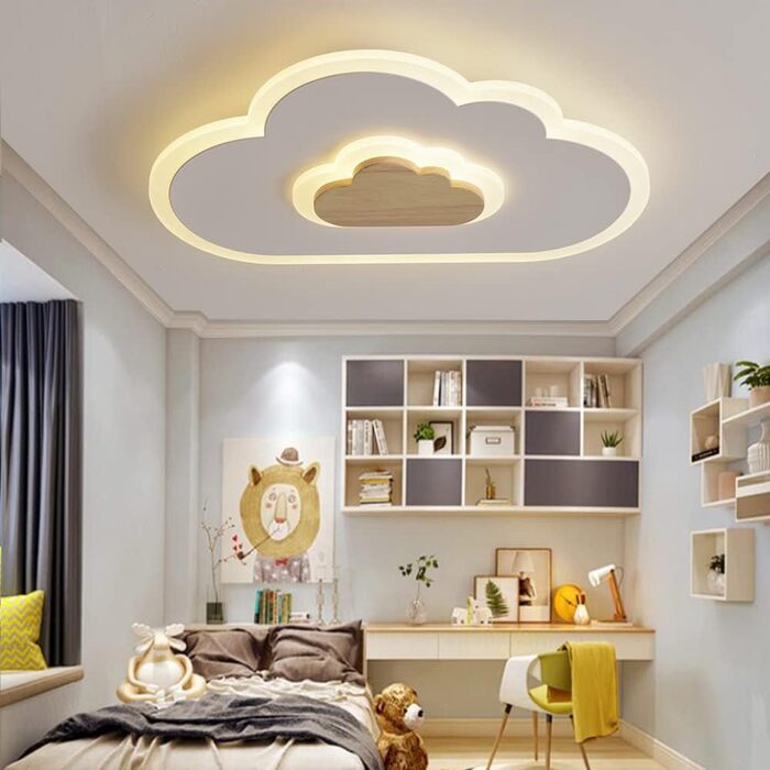 LED Ceiling Light Bedroom Children's Room Lamp Ceiling Lamp Ceiling Light for Children Cloud Ceiling Light Wood Stepless Dimming with Remote Control With Night Light Function, 40cm