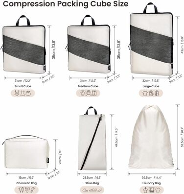 Набір органайзерів для валізи з компресією, 6 шт. - Кубики для пакування одягу, білий (Elfenbein) - Організація багажу в дорогу