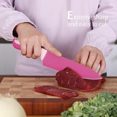 Набір ножів Hecef 14 предметів у блоці, з антипригарним покриттям, для посудомийної машини, самозаточуваний, ергономічні ручки, кухонний набір для будь-якої кухні (рожевий)
