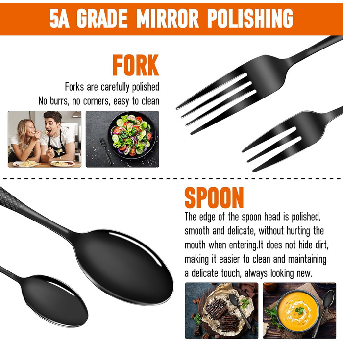 Набір столових приборів FANTICDE на 4 особи, 20 предметів, нержавіюча сталь, чорний матовий, з ножем, виделкою, ложкою, преміум-якість, для посудомийної машини