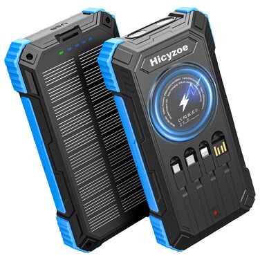 Сонячний повербанк 26800 mAh з 4 кабелями, швидка зарядка USB-C, Qi бездротова зарядка, LED ліхтарик - для телефонів, планшетів, кемпінгу (Синій)