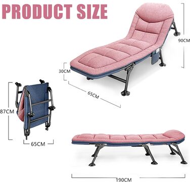 Розкладне ліжко-крісло для кемпінгу з матрацом, регульована спинка, 65x190x30 см, 1-місне, рожевий (2 шт.)