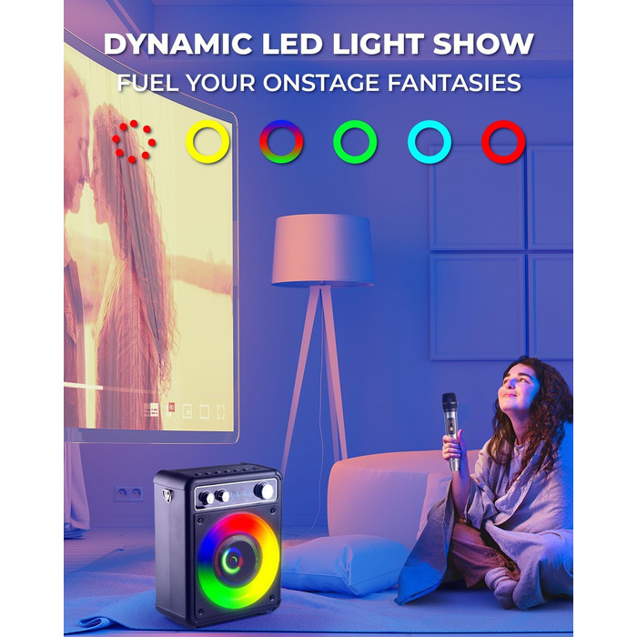 BONAOK Караоке Мікрофон для Дорослих, Портативна Караоке Машина з Bluetooth, 2 Мікрофони, 15 Вт, Підсвітка, Чорний T03