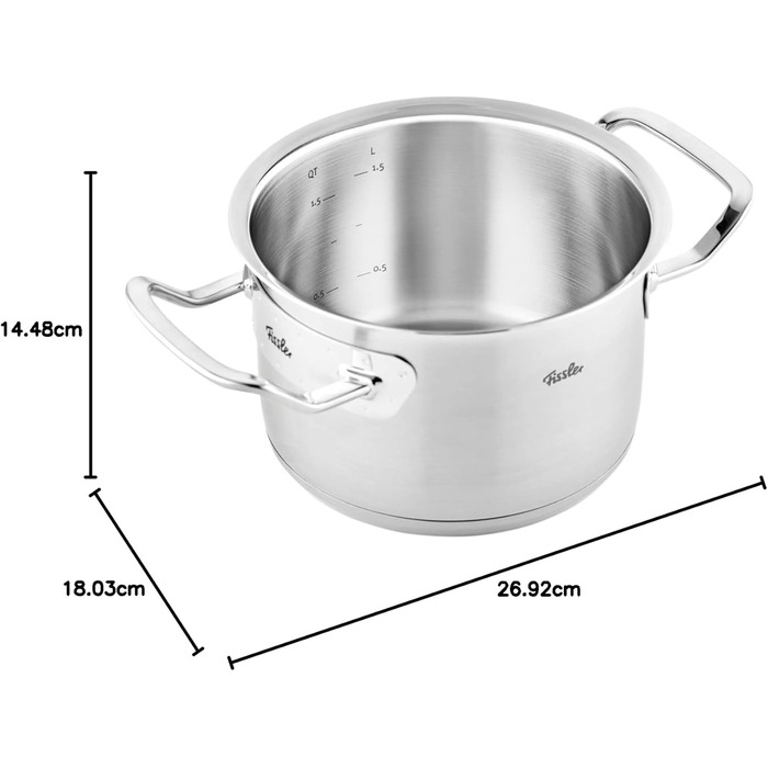 Каструля Fissler Original-Profi Collection, 2.1 л, 16 см, нержавіюча сталь, з металевою кришкою, внутрішня шкала, для індукції, Німеччина