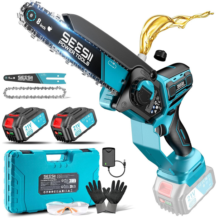 SEESII Безщіткова міні-пилка 6 дюймів, ручна акумуляторна пилка з 2 * 4000 mAh акумуляторами, одноручна акумуляторна пилка з автоматичним змащенням, сумісна з акумулятором Makita 18V, електрична пилка для дерева, гілок 6 дюймів безщіткова (6+8 дюймів безщ