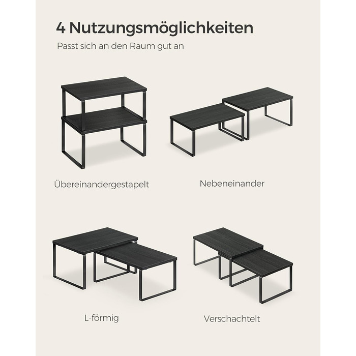 SONGMICS Spice Rack, 4-Piece Set, Kitchen Shelf, Kitchen Organizer, Expandable, Spice Holder, Stackable, with Metal Frame, 19.5 x 29.7 x 15.8 cm, Ink Black + Natural Beige KCS10NB (Ink Black + Ebony Black, 29.7B cm)