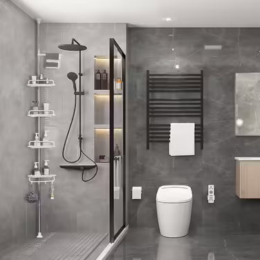 Adjustable Height Shower Shelf without Drilling, Corner Shower Rack Stainless Steel Corner Shelf Bathroom Shelf with 4 Baskets and 1 Towel Holder for Bathtub and Bathroom, Rust-Proof, 95-305CM White