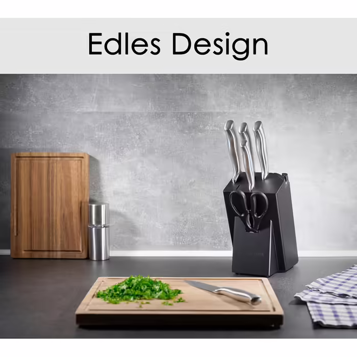 Hanseküche Knife Block - 7-Piece Knife Set with Integrated Sharpener - Knife Holder with Knives - Kitchen Knife Set Chef's Knife, Knife Set with Block, Black Knives
