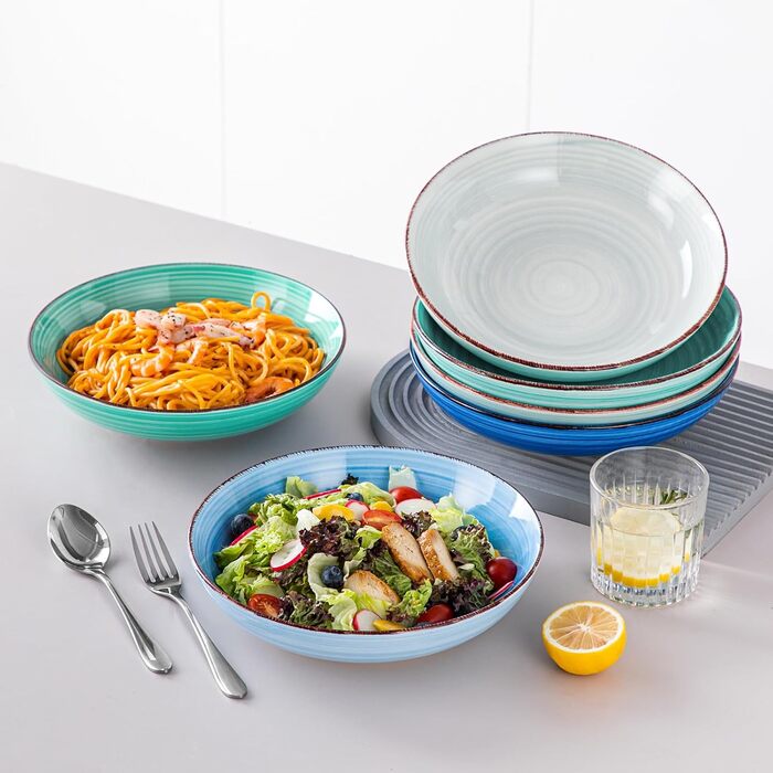 Набір Suppenteller Vancasso Bonita (6 шт.) з кераміки: тарілки для супу, пасти, спагеті, рамену, салатів, універсальні (1.4 л, блакитні)