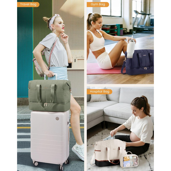 Сумка-валіза LOVEVOOK для жінок, дорожня сумка-шопер, велика містка сумка ручної поклажі з відділенням для взуття та мокрих речей, сумка для пологового будинку, спортивна сумка, дорожня сумка для подорожей, відпочинку, вихідних, фітнесу (40л-2шт, зелена)
