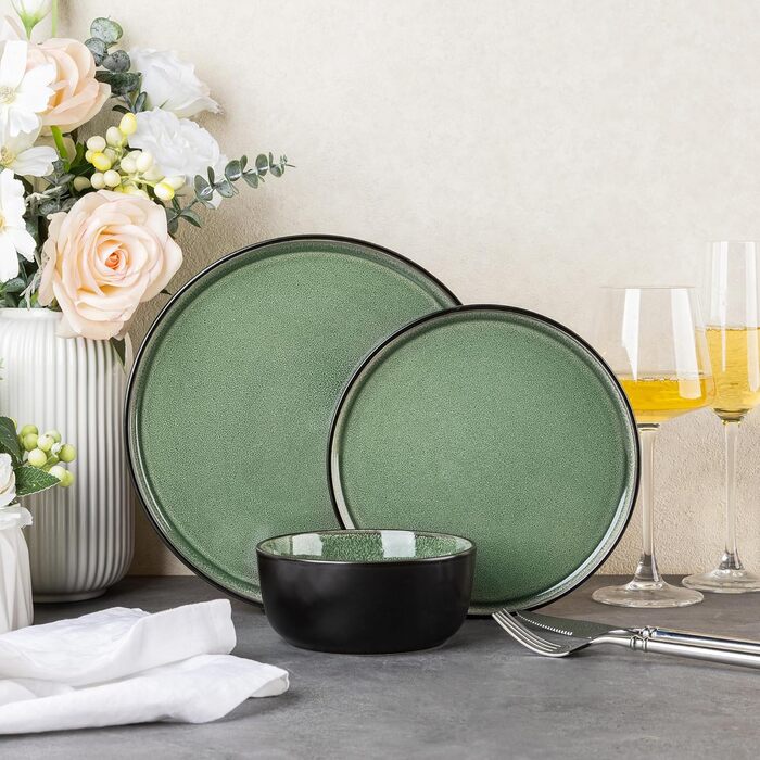 Набір керамічного посуду AmorArc (24 шт.) для 8 осіб: тарілки та миски, реактивна глазур, стійкий до сколів та тріщин, придатний для миття в посудомийній машині та використання в мікрохвильовій печі. Сервіз для 8 осіб (24-teilig), колір: матовий чорний не