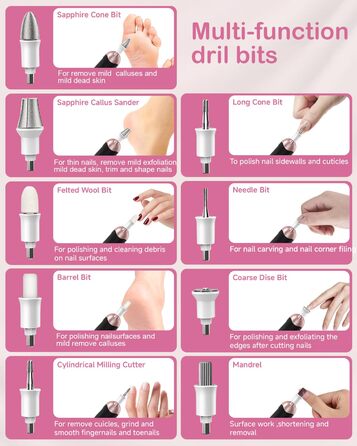 Електричний набір для манікюру та педикюру з LED-підсвічуванням: пилка для нігтів, 10 насадок