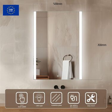 Дзеркало для ванної кімнати Venti 50x70 см з підсвічуванням, LED дзеркало для ванної кімнати, вертикальне, настінне