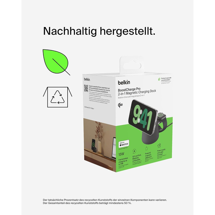 Belkin BoostCharge Pro 2-в-1: Бездротова зарядка Qi2 15W MagSafe для iPhone, Apple Watch, AirPods (Чорний)