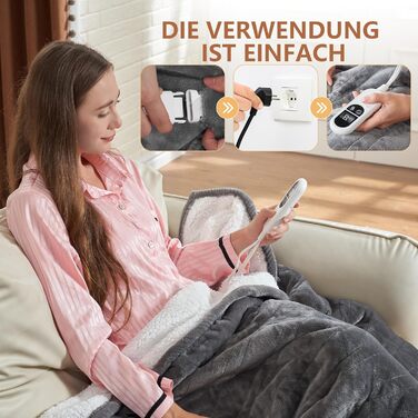 Електрична ковдра JUMMICO Kuschel-Heizdecke 180x130 см, тепла та м'яка - 6 режимів нагріву, таймер 12 годин, пральна, для дивану, ліжка, офісу (сіра)