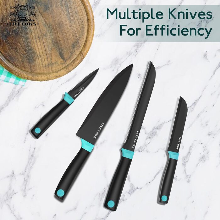 Набір кухонних ножів FIVE COWS (14 предметів) з автоматичним точильним, з ножем для стейку та ножицями, антиокислювальне покриття, професійний набір для дому (зелений)