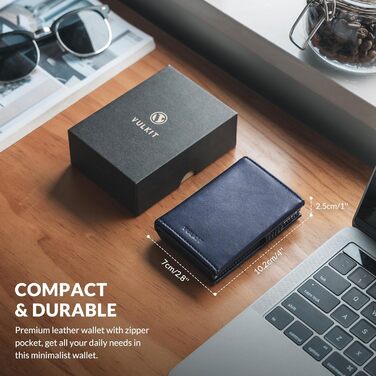 Чохл для кредитних карт VULKIT з RFID-блокуванням, з натуральної шкіри, з відділенням для грошей, віконцем для посвідчення, відділенням для монет та магнітною застібкою (Морський колір)