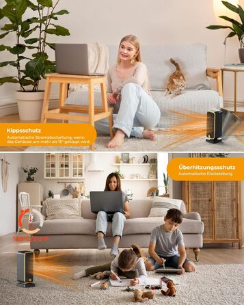 Електричний обігрівач 2000W з енергозбереженням, тихий, 3 режими, PTC кераміка, швидкий нагрів, ECO режим, пульт, таймер 12H, поворот 70°, для офісу, спальні, ванної кімнати (чорний)