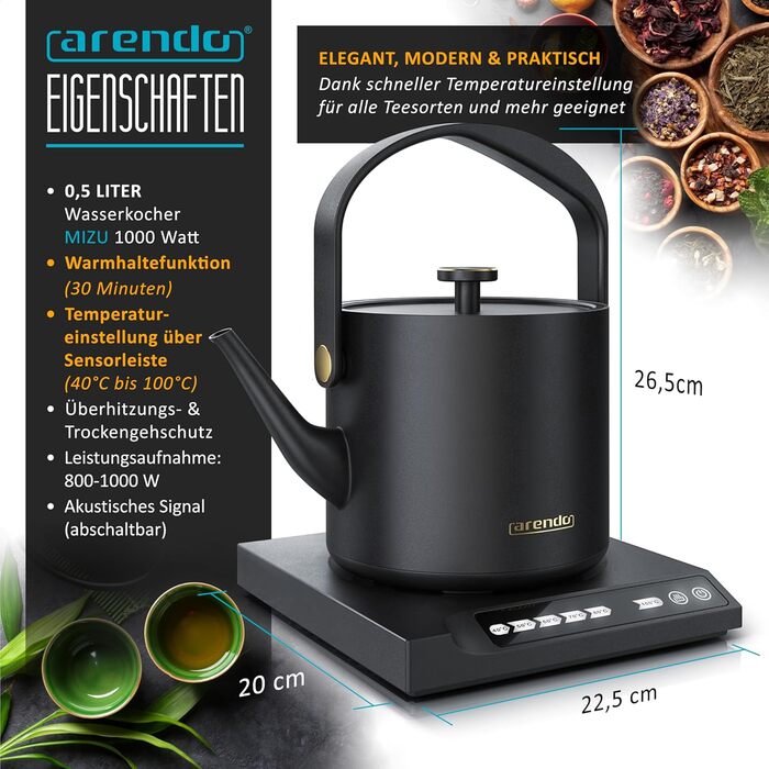 Arendo Stainless Steel Electric Kettle with Temperature Control - 40° to 100° - Keep Warm Function - 0.5 Liter - Sensor Buttons - 360° Swivel Base - Retro Design - Black