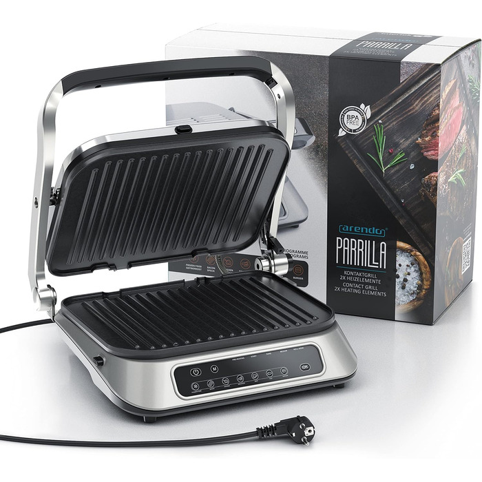 Arendo Electric Grill with Digital Control - 1900W Multi-Function Grill & Sandwich Maker - Stainless Steel, 7 Programs, Easy Clean