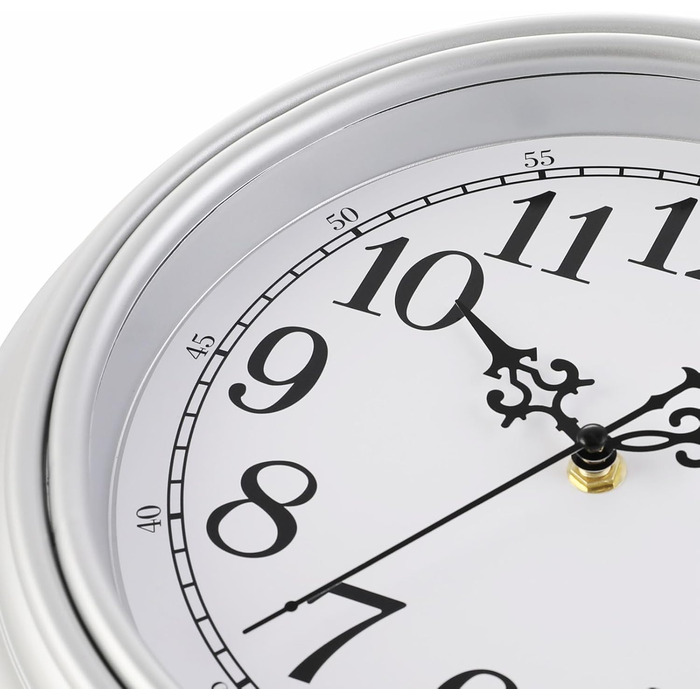 Plumeet Extra Large Wall Clock Classic Quiet Wall Clock without Ticking for Living Room - Bedroom - Battery Operated (Arabic Numerals) (25cm, Silver)