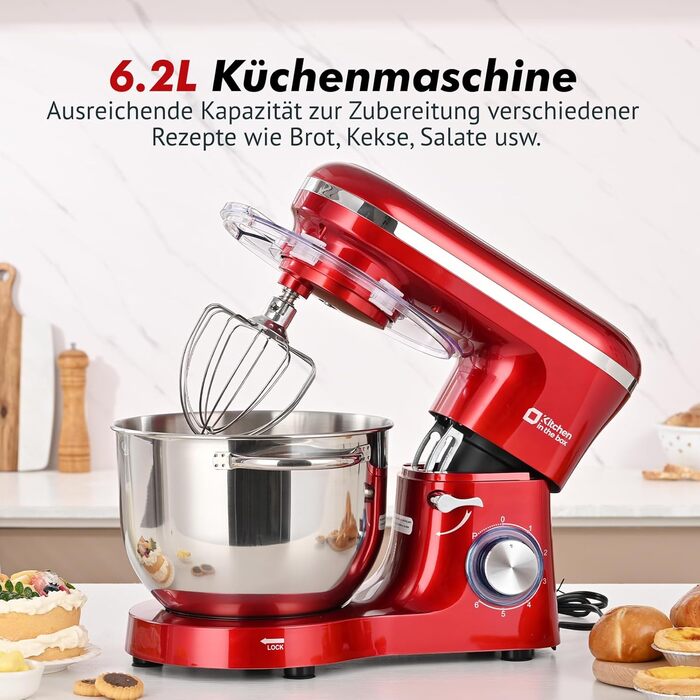 Кухонна машина Küchenmaschine 6.2 л, 1400 Вт, 6 швидкостей з набором насадок (міксер, гак для тіста, вінчик)