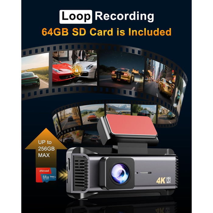 Автомобільний відеореєстратор 4K з 2.99'' екраном, 5G WiFi, SD-картою 64ГБ, нічною зйомкою WDR, кутом 170°, G-сенсором та режимом паркування
