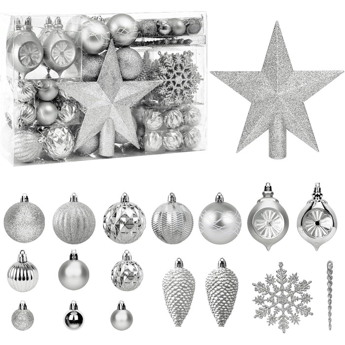 100 шт. прикраси для ялинки: кулі, верхівка, чорний набір, сріблястий, розбиваємий, для підвішування