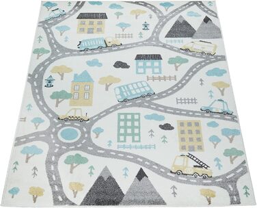 Paco Home Kids Rug, Play Rug for Children's Room, Pastel Colors, Boy/Girl, Car Street House, Cream, Petrol, Gray, Yellow, Size: 160x220 cm (Rectangular), White