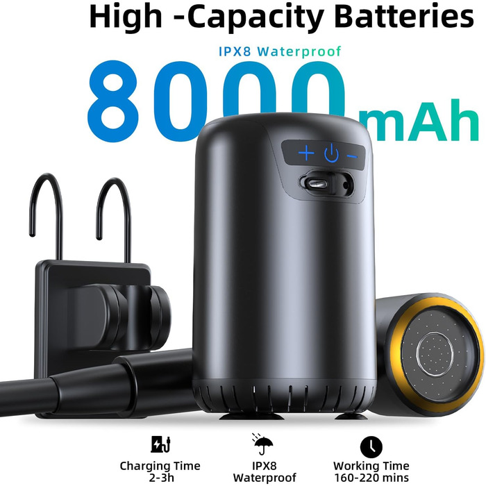 Портативний душ для кемпінгу з акумулятором 8000mAh, 10 режимів, водонепроникний IPX8 - для подорожей, пікніків, миття авто