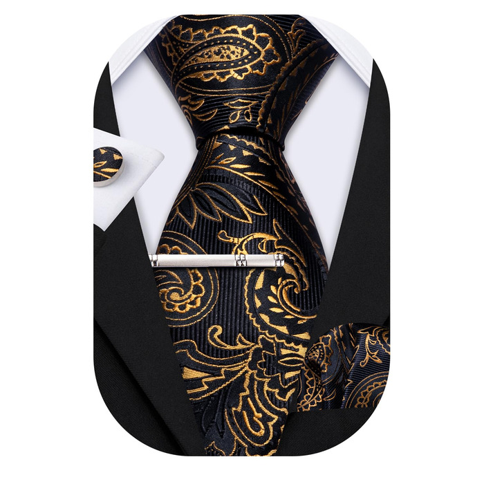 Набір краватки, кишенькового хустинки та запонок Barry.Wang: Шовкова краватка з квітковим візерунком Paisley, чорно-золота, для весілля та свят