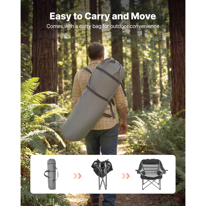 Кемпінговий стілець VEVOR великий, складний - до 204 кг, з підсклянниками, для риболовлі, пікніка, чорно-сірий
